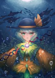 Rule 34 | 1girl, absurdres, black hat, blouse, blush, bright pupils, bubble, buttons, commentary, diamond button, dna, expressionless, fish, frilled shirt collar, frilled sleeves, frills, glowing, green eyes, green hair, green skirt, hat, hat ribbon, highres, komeiji koishi, long sleeves, looking at viewer, nanaironokabi, parted lips, ribbon, seaweed, shark, shirt, short hair, skirt, solo, third eye, touhou, underwater, upper body, white pupils, wide sleeves, yellow ribbon, yellow shirt
