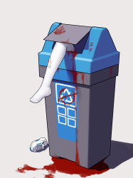 Rule 34 | 1girl, arrow (symbol), blood, blood on ground, blood writing, bloody handprints, blue archive, commentary, english commentary, grey background, guro, handprint, highres, in container, langbazi, miyu (blue archive), recycle bin, recycling symbol, shoes, simple background, solo, thighhighs, torn clothes, torn thighhighs, trash can, unworn shoe, unworn shoes, white thighhighs