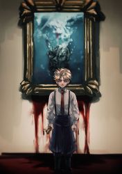 Rule 34 | 1boy, absurdres, arms at sides, black legwear, blonde hair, blood, blood on wall, child, clenched hands, collared shirt, dio brando, highres, holding, holding paper, jojo no kimyou na bouken, long sleeves, looking at viewer, mole, mole on ear, natchan blue (nanairopenki), necktie, ocean, painting (object), paper, phantom blood, picture frame, shirt, short hair, stone mask (jojo), suspenders, underwater, yellow eyes