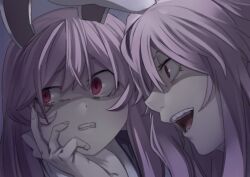Rule 34 | 2girls, animal ears, light purple hair, long hair, looking at another, looking to the side, moon rabbit, multiple girls, nurupo (abooon), open mouth, purple background, purple hair, rabbit ears, rabbit girl, red eyes, reisen udongein inaba, simple background, touhou, unusually open eyes