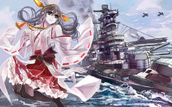 Rule 34 | 10s, 1girl, bare shoulders, battleship, black hair, black thighhighs, brown eyes, detached sleeves, fullerene, hairband, haruna (kancolle), japanese clothes, kantai collection, long hair, military, military vehicle, ocean, personification, ship, skirt, solo, thighhighs, warship, water, watercraft, wide sleeves