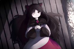 Rule 34 | 1girl, animal ears, brooch, brown hair, closed mouth, commentary request, dress, imaizumi kagerou, interlocked fingers, jewelry, long hair, long sleeves, lying, on back, one eye closed, outdoors, own hands together, red dress, red eyes, smile, solo, street dog, touhou, upper body, white dress, wide sleeves, wolf ears, zun (style)