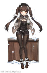 Rule 34 | 1girl, absurdres, ahoge, alternate costume, beige coat, belt, beret, black gloves, black hat, black shorts, black sweater, blush, boots, breasts, brown footwear, brown hair, brown pantyhose, buckle, cleavage cutout, clothing cutout, coat, cup, disposable cup, full body, fur-trimmed boots, fur trim, giving, gloves, grey scarf, hat, highres, holding, holding cup, jewelry, kyjsogom, lily bloomerchen, long hair, long sleeves, looking at viewer, necklace, open clothes, open coat, open mouth, pantyhose, puff of air, red eyes, scarf, shorts, sidelocks, simple background, snow, snowing, solo, soulworker, standing, sweater, turtleneck, turtleneck sweater, twintails, very long hair, watermark