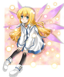 Rule 34 | 00s, 1girl, blonde hair, blue eyes, colette brunel, kawamura raichi, long hair, pantyhose, solo, tales of (series), tales of symphonia, wings, yellow background