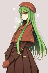 Rule 34 | 1girl, brown dress, brown gloves, brown hat, c.c., capelet, code geass, dress, gloves, green hair, grey background, hair between eyes, hat, highres, long hair, looking at viewer, lucky keai, parted lips, simple background, snowflakes, solo, standing, very long hair, yellow eyes