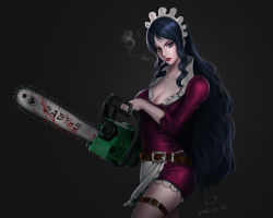 Rule 34 | 1girl, apron, baby 5, belt, black hair, blood, chainsaw, dress, highres, long hair, lt, makeup, one piece, purple eyes, smoke, solo, tagme