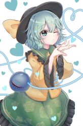 Rule 34 | 1girl, ascot, black headwear, blowing kiss, bow, floral print, green eyes, green hair, green skirt, heart, highres, komeiji koishi, long sleeves, one eye closed, short hair, skirt, snow to you, solo, touhou, white background, yellow ascot, yellow bow