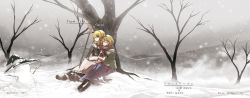 Rule 34 | 2girls, alice margatroid, blonde hair, book, braid, broom, capelet, closed eyes, hair over one eye, hairband, head on another&#039;s shoulder, highres, kirisame marisa, multiple girls, scarf, shared clothes, shared scarf, short hair, sitting, sleeping, sleeping upright, smile, snow, tokiti, touhou, yellow eyes, yuri
