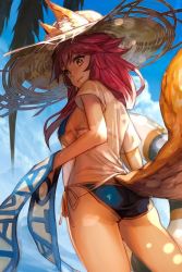 Rule 34 | 10s, 1girl, animal ear fluff, animal ears, ass, bikini, bikini under clothes, blue bikini, blue sky, breasts, closed mouth, day, ears through headwear, fate/extra, fate/grand order, fate (series), fox ears, fox tail, hair between eyes, halterneck, hat, hip focus, hungry clicker, innertube, large breasts, long hair, looking at viewer, looking back, palm tree, pink hair, sash, shade, shirt, side-tie bikini bottom, sidelocks, sky, smile, solo, straw hat, string bikini, sun hat, sunlight, swim ring, swimsuit, tail, tamamo (fate), tamamo no mae (fate/extra), tamamo no mae (swimsuit lancer) (fate), tamamo no mae (swimsuit lancer) (second ascension) (fate), thighs, tree, wet, wet clothes, wet shirt, yellow eyes