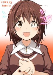 Rule 34 | 1girl, artist name, brown hair, brown sweater, commentary request, dated, dress shirt, flying sweatdrops, furutaka (kancolle), glowing, glowing eye, gradient background, heterochromia, highres, kamelie, kantai collection, looking at viewer, one-hour drawing challenge, open mouth, orange background, round teeth, shirt, short hair, sleeves rolled up, smile, solo, sweater, teeth, upper body, upper teeth only, white background, white shirt