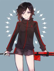 Rule 34 | 1girl, artist name, bad id, bad twitter id, black hair, crescent rose, ecru, grey eyes, grin, gym shorts, gym uniform, looking at viewer, multicolored hair, pants, red hair, ruby rose, rwby, shorts, smile, solo, thighs, torn clothes, torn pants, twitter username, two-tone hair, weapon, weapon on back