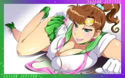 Rule 34 | 1990s (style), 1girl, bishoujo senshi sailor moon, blush, boots, breasts, brown hair, bursting breasts, cleavage, elbow gloves, eye contact, eyeshadow, free style, gloves, huge breasts, kino makoto, large breasts, lips, lipstick, looking at another, looking at viewer, makeup, naughty face, nipples, pink lips, ponytail, retro artstyle, sailor jupiter, smile, solo, thick thighs, thighs