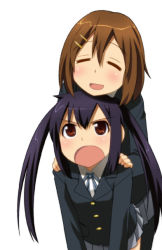 Rule 34 | 2girls, = =, annoyed, bad id, bad pixiv id, black hair, blush, brown eyes, brown hair, closed eyes, hands on shoulders, head rest, hirasawa yui, k-on!, looking up, multiple girls, nakano azusa, open mouth, pantyhose, smile, umekichi
