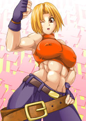 Rule 34 | 1girl, abs, alop-net, arm up, armpits, bad id, bad pixiv id, belt, belt skirt, blonde hair, blue mary, breasts, covered erect nipples, fatal fury, fingerless gloves, gloves, halterneck, hand on own hip, highres, large breasts, midriff, muscular, muscular female, navel, one eye closed, open mouth, red eyes, shirt, short hair, sleeveless, smile, snk, solo, taut clothes, taut shirt, the king of fighters, wink