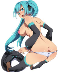 Rule 34 | 1girl, aqua eyes, aqua hair, ass, black thighhighs, breasts, butt crack, detached collar, detached sleeves, full body, hatsune miku, highres, large breasts, long hair, looking back, magukappu, necktie, open mouth, panties, pasties, shoes, simple background, skirt, unworn skirt, solo, thighhighs, twintails, underwear, very long hair, vocaloid, white background