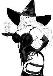 Rule 34 | 1girl, absurdres, alternate costume, ass, black dress, black gloves, blonde hair, blue eyes, breasts, choker, cleavage, crescent, dress, elbow gloves, eyebrows, eyelashes, gloves, halloween, halloween costume, hand on own hip, hat, highres, huge ass, ice, kolin, large breasts, lips, long hair, monochrome, parted lips, potion, shionogame, solo, standing, street fighter, street fighter v, striped clothes, striped thighhighs, teeth, thick lips, thick thighs, thigh strap, thighhighs, thighs, wavy hair, wide hips, witch hat