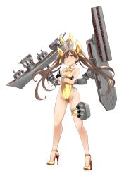 Rule 34 | 1girl, alternate costume, animal ears, black gloves, bow, bowtie, bridal garter, brown hair, crossed arms, detached collar, full body, gloves, gold bowtie, gold footwear, gold leotard, hair between eyes, hair ribbon, high heels, kantai collection, leotard, long hair, machinery, playboy bunny, rabbit ears, rabbit tail, ribbon, simple background, solo, strapless, strapless leotard, tail, tone (kancolle), torpedo launcher, twintails, udukikosuke, white background, wrist cuffs