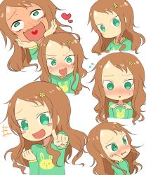 Rule 34 | 10s, 1girl, :d, @ @, absurdres, animal print, blush, blush stickers, bohegao, brown hair, drooling, expressions, face, fingers together, flying sweatdrops, forehead, green eyes, hair ornament, hairclip, hand on own cheek, hand on own face, heart, heart in mouth, highres, kobayashi-san chi no maidragon, long hair, multiple views, o o, open mouth, pointing, pointing at viewer, rabbit print, saikawa riko, saliva, shirt, simple background, smile, swept bangs, tears, triangle mouth, wavy mouth, white background, wide-eyed, yamato (muchuu paradigm)