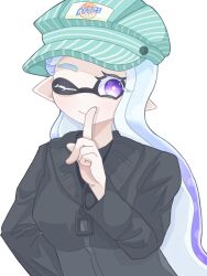 Rule 34 | 1girl, aqua hat, blue hair, bright pupils, closed mouth, commentary request, eyelashes, finger to mouth, gradient hair, hat, highres, inkling, inkling girl, inkling player character, long hair, multicolored hair, nintendo, one eye closed, pointy ears, purple eyes, purple hair, simple background, smile, solo, splatoon (series), splatoon 3, tentacle hair, tonbofree, two-tone hair, upper body, white background, white pupils