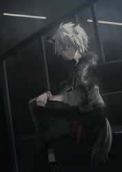 Rule 34 | 1girl, absurdres, ahoge, ambience synesthesia, animal ear fluff, animal ears, arknights, black pants, black shirt, chihuri, closed mouth, artistic error, feet out of frame, grey eyes, grey hair, grey jacket, hair between eyes, hair ornament, hairclip, highres, indoors, jacket, lappland (arknights), light smile, looking at viewer, open clothes, open jacket, pants, railing, shirt, short hair, sitting, sitting on stairs, solo, stairs, tail