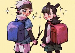 2boys backpack bag black_eyes black_hair black_jacket black_leggings black_shorts black_undershirt blue_hoodie blush cowboy_shot double_bun hair_bun hood hoodie jacket leggings long_sleeves looking_at_viewer luo_xiaohei_zhanji multiple_boys nezha_(the_legend_of_luoxiaohei) nploser open_mouth randoseru shorts simple_background smile sparkle yellow_background yi_feng_(the_legend_of_luoxiaohei)