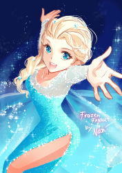 Rule 34 | 1girl, arms up, blonde hair, blue dress, blue eyes, braid, breasts, cleavage, dress, elsa (frozen), frozen (disney), highres, long hair, looking at viewer, nashi juni, open mouth, see-through, small breasts, smile, solo, text focus, tongue