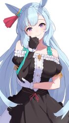 Rule 34 | 1girl, animal ears, asobi nin, asymmetrical gloves, asymmetrical sleeves, bare shoulders, black dress, black gloves, blue hair, blush, braid, breasts, closed mouth, commentary request, crown braid, dress, ear ornament, frilled dress, frills, gloves, highres, horse ears, horse girl, large breasts, light blue hair, long hair, long sleeves, looking at viewer, mejiro ardan (umamusume), mismatched gloves, partial commentary, purple eyes, simple background, smile, solo, umamusume, very long hair, white background, white gloves