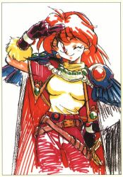 Rule 34 | 1girl, araizumi rui, breasts, cape, copic, cowboy shot, earrings, gloves, headband, jewelry, lina inverse, long hair, looking at viewer, marker (medium), markers, one eye closed, orange hair, red eyes, red hair, simple background, slayers, small breasts, solo, standing, traditional media, white background, wink