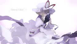 Rule 34 | 1girl, blonde hair, bow, character name, cinkai, covering own mouth, dated, dress, gradient background, hair bow, hair ornament, hand fan, hat, hat bow, long sleeves, looking at viewer, mob cap, profile, puffy sleeves, purple eyes, solo, string, tabard, touhou, white dress, wide sleeves, yakumo yukari