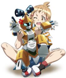 Rule 34 | 1girl, ;d, anger vein, blue shorts, crossover, hair ornament, hairclip, highres, humanoid robot, indian style, light brown hair, medarot, metabee, miyabi mt-b, one eye closed, open mouth, orange eyes, red socks, robot, senki zesshou symphogear, shirt, shoes, short hair, short sleeves, shorts, simple background, sitting, smile, sneakers, socks, striped clothes, striped shirt, tachibana hibiki (symphogear), teeth, twitter username, upper teeth only, white background, white footwear
