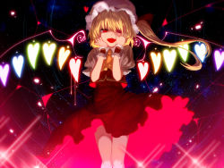 Rule 34 | 1girl, ascot, bare legs, blonde hair, flandre scarlet, hat, heart, heart-shaped pupils, lace, long hair, open mouth, red eyes, side ponytail, skirt, skirt set, smile, solo, symbol-shaped pupils, touhou, wings, yandere, yusano