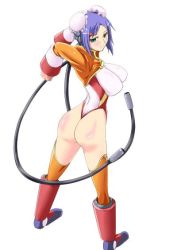 Rule 34 | 1girl, android, aq interactive, arcana heart, ass, atlus, blue hair, blush, breasts, bun cover, double bun, examu, female focus, from behind, green eyes, hair bun, hair ornament, hairclip, large breasts, leotard, looking back, mei-fang, shiny skin, short hair, simple background, solo, thighhighs, thong, thong leotard
