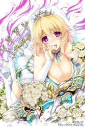 Rule 34 | 1girl, blonde hair, boots, bow (weapon), breasts, bridal gauntlets, bridal veil, cleavage, copyright name, crown, dress, drink, flower, hisen kaede, jewelry, kikyou-0423, large breasts, licking, lots of jewelry, nail polish, official art, petals, purple eyes, rose, sexually suggestive, suggestive fluid, thigh boots, thighhighs, veil, venus blade, weapon, white flower, white rose, white thighhighs