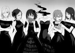 Rule 34 | 6+girls, :p, bare shoulders, blush, breasts, celty sturluson, character request, cleavage, closed mouth, covering own mouth, dress, dullahan, durarara!!, earrings, embarrassed, eye contact, flower, glasses, gradient background, grey background, greyscale, hair bun, hair flower, hair ornament, hair over one eye, hand on own hip, harima mika, highres, jewelry, karisawa erika, long dress, long hair, looking at another, medium breasts, monochrome, multiple girls, open mouth, photo (object), pince-nez, romiy, short hair, single hair bun, small breasts, smile, sonohara anri, standing, tongue, tongue out, vorona, yagiri namie