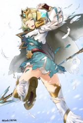Rule 34 | 1girl, aqua eyes, belt, blonde hair, cape, crown, dress, feathers, fire emblem, fire emblem heroes, fjorm (fire emblem), from side, highres, holding, holding weapon, jam8686, leg up, long sleeves, looking to the side, nintendo, one eye closed, open mouth, polearm, short dress, short hair, snowing, solo, spear, thighhighs, torn cape, torn clothes, twitter username, weapon