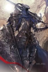 Rule 34 | 1boy, armor, artorias the abysswalker, bad id, bad twitter id, blue capelet, capelet, commentary request, copyright name, dark souls (series), dark souls i, faulds, feet out of frame, gauntlets, greatsword, greaves, helmet, highres, holding, holding weapon, hood, knee pads, knight, leg armor, male focus, mono (jdaj), over shoulder, pauldrons, plume, shield, shoulder armor, solo, sunlight, sword, weapon