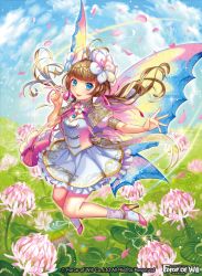 Rule 34 | 1girl, antenna hair, bag, blue eyes, blush, brown hair, butterfly wings, circlet, cloud, copyright name, day, fairy, fairy wings, field, flower, flower field, force of will, full body, grass, hair flower, hair ornament, high heels, insect wings, leaf, long hair, low twintails, matsurika youko, official art, open mouth, outdoors, petals, shoulder bag, sky, socks, solo, sparkle, twintails, wings