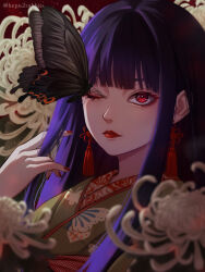 Rule 34 | 1girl, blunt bangs, bug, butterfly, butterfly on face, chrysanthemum, earrings, epuusa, flower, hand up, highres, insect, japanese clothes, jewelry, kimono, lipstick, long hair, makeup, nail polish, one eye closed, original, purple hair, red eyes, smile, solo, tassel, tassel earrings, upper body