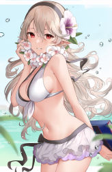 Rule 34 | 1girl, bikini, bikini skirt, black hairband, book, breasts, cleavage, corrin (female) (fire emblem), corrin (female) (summer) (fire emblem), corrin (fire emblem), fire emblem, fire emblem fates, fire emblem heroes, flower, flower necklace, grey hair, grin, hair between eyes, hair flower, hair ornament, hairband, haru (nakajou-28), highres, holding, holding book, jewelry, long hair, looking at viewer, medium breasts, navel, necklace, nintendo, official alternate costume, outdoors, pointy ears, purple flower, red eyes, skirt, smile, solo, stomach, swimsuit, teeth, water, wavy hair, white bikini, white flower, white skirt