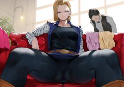 Rule 34 | 1boy, 1girl, absurdres, android 18, black pantyhose, black shirt, blonde hair, blouse, blue eyes, breasts, cleavage, collarbone, couch, denim, denim jacket, denim skirt, dragon ball, dragonball z, forehead, highres, indoors, jacket, large breasts, long hair, long sleeves, looking to the side, pantyhose, parted bangs, shirt, sitting, skirt, yoshio (55level)