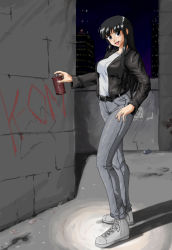 Rule 34 | 1girl, :d, akiyama mio, alternate costume, alternate hairstyle, belt, black eyes, black hair, blush, brian dinnigan, building, copyright name, denim, female focus, fingernails, full body, graffiti, head tilt, hime cut, jacket, jeans, k-on!, legs, long hair, long image, long sleeves, looking at viewer, night, night sky, open clothes, open jacket, open mouth, pants, rock, shadow, shiny clothes, shirt, shoes, sky, smile, sneakers, solo, spray can, spray paint, standing, tall image, very long hair, wall, white shirt