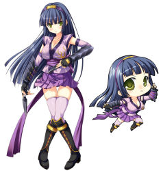 Rule 34 | 1girl, :&lt;, arm guards, blue hair, blunt bangs, blush, boots, breasts, character sheet, chibi, cleavage, collarbone, dual persona, elbow gloves, female focus, fingerless gloves, full body, gloves, hairband, hime cut, holding, japanese clothes, knee boots, knees together feet apart, kunai, kunoichi ga iku, legs, long hair, looking at viewer, miniskirt, ninja, open hand, open mouth, pink thighhighs, pleated skirt, sash, serious, shiny clothes, shiny skin, simple background, skirt, sleeveless, softhouse-seal, standing, thigh gap, thighhighs, weapon, white background, yellow eyes, yuuha (kunoichi ga iku), zettai ryouiki