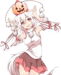 Rule 34 | 1girl, absurdres, animal ears, armpits, arms up, breasts, chikuwa savy, contrapposto, cowboy shot, detached sleeves, hat, highres, inubashiri momiji, jack-o&#039;-lantern, looking at viewer, object on head, open mouth, pom pom (clothes), pumpkin, red eyes, shirt, short hair, silver hair, skirt, smile, solo, standing, tail, taut clothes, taut shirt, thigh gap, tokin hat, touhou, transparent background, vector trace, white background, wolf ears, wolf tail