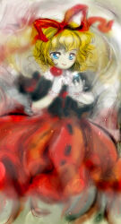 Rule 34 | 1girl, black shirt, blonde hair, blue eyes, closed mouth, gloves, hair ribbon, hands up, looking at hand, medicine melancholy, medinki, official style, puffy short sleeves, puffy sleeves, red ribbon, red skirt, ribbon, shirt, short hair, short sleeves, skirt, smile, solo, touhou, white gloves, zun (style)