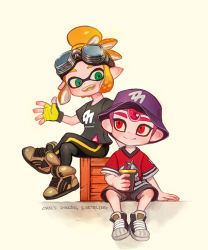 Rule 34 | 1boy, 1girl, :d, black pants, blonde hair, closed mouth, crate, cup, drinking straw, fingerless gloves, full body, gloves, goggles, goggles on head, green eyes, grey shirt, hair bun, holding, holding cup, inkling, inkling girl, inkling player character, looking at another, nintendo, octoling, octoling boy, octoling player character, ohil (ohil822), open mouth, pants, pink hair, pointy ears, red eyes, shirt, shoes, short hair, short sleeves, single hair bun, single vertical stripe, sitting, sitting on object, smile, sneakers, splatoon (series), splatoon 2, teeth, tentacle hair