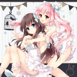 Rule 34 | 2girls, :d, ankle lace-up, bare arms, bird, birdcage, blue bow, blue eyes, blush, bow, brown eyes, brown hair, cage, closed mouth, commentary request, cross-laced footwear, dress, hair bow, hair ornament, head tilt, long hair, looking at viewer, mochizuki shiina, multiple girls, no panties, open mouth, original, pennant, pink hair, rabbit hair ornament, shoes, sidelocks, silhouette, sitting, sleeveless, sleeveless dress, smile, snowflakes, string of flags, striped, striped background, striped bow, twintails, vertical stripes, very long hair, white dress, white footwear, wrist cuffs