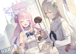 Rule 34 | 1girl, blue archive, blush, breasts, commentary request, enosan, closed eyes, flower, food, fork, grey hair, hair flower, hair ornament, halo, long hair, medium breasts, mika (blue archive), nagisa (blue archive), open mouth, pink hair, sweets, table