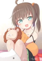 Rule 34 | 1girl, absurdres, ahoge, bare shoulders, black skirt, blue eyes, blurry, blurry foreground, blush, brown hair, character name, child, collarbone, commentary, cowboy shot, depth of field, ebi frion (matsuri channel), hair between eyes, hair ornament, hair scrunchie, highres, hololive, indoors, legs, looking at viewer, lying, miniskirt, natsuiro matsuri, natsuiro matsuri (1st costume), navel, okota mikan, on back, open mouth, pleated skirt, scrunchie, side ponytail, sitting, skirt, smile, solo, stuffed animal, stuffed lion, stuffed shrimp, stuffed toy, virtual youtuber