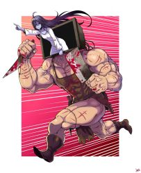 Rule 34 | 1boy, 1girl, :&lt;, abs, ahoge, apron, arm support, black hair, blood, blood on clothes, bloody weapon, blue skirt, boots, brown footwear, butcher knife, clenched hands, closed mouth, copyright request, crossover, dress, dual wielding, floating hair, from side, hair between eyes, highres, holding, jmg, knife, long hair, long sleeves, looking at another, looking down, muscular, muscular male, naked apron, outside border, outstretched arm, pointing, red background, red eyes, running, scar, scratches, shaded face, signature, skin tight, skirt, speed lines, stitches, television, the ring, through medium, through screen, torn clothes, veins, very long hair, weapon, what, white dress, wire, yamamura sadako
