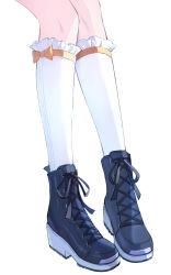 Rule 34 | 1girl, atsuko (blue archive), bilibilida, black footwear, blue archive, boots, bow legwear, close-up, cross-laced footwear, frilled socks, frills, highres, knees, lower body, pigeon-toed, ribbon, ribbon-trimmed socks, simple background, socks, solo, white background, white socks, yellow ribbon
